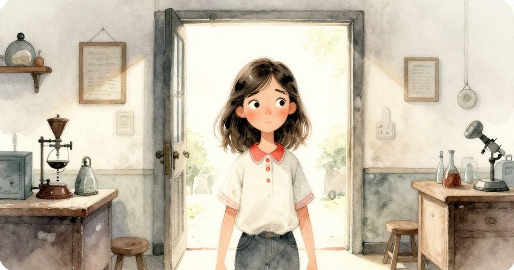 Mira 手捧筆記本離開舊實驗室，走向明亮走廊，留戀歷史痕跡並迎向充滿希望的未來。