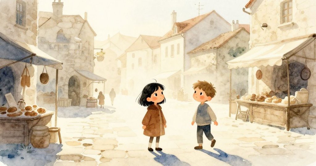 在初升陽光映照的石砌廣場中，米拉與喬納斯以剪影出現，市場攤位開始熱鬧，展現新一天的希望氛圍。