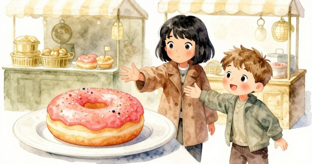 在溫暖市場攤位前，米拉與喬納斯伸手觸摸盤中閃耀的甜甜圈，臉上帶著好奇與期待，展現尋找美食的瞬間。