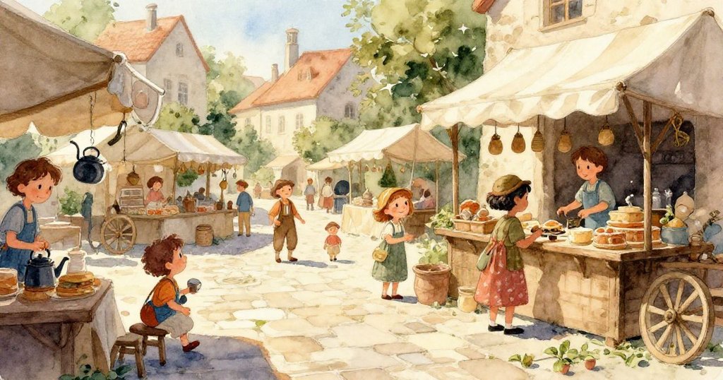 從小雀鳥視角看見甜甜圈滾離盤子及蒸氣冒出，雀鳥驚飛，展現市場攤位突發情景與自然反應。