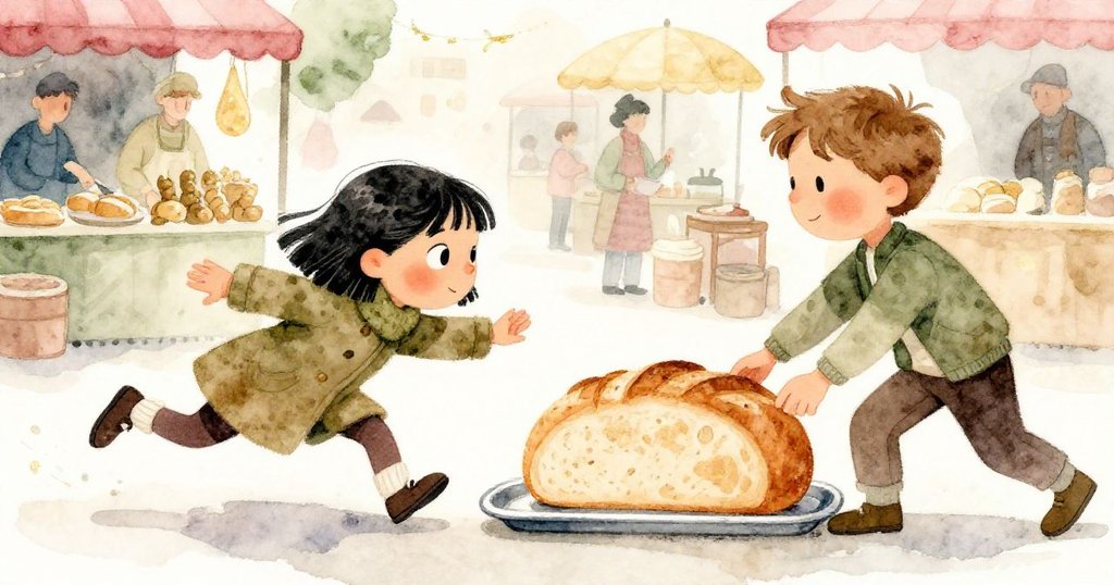 米拉急速衝向滑動的麵包，喬納斯在旁穩住局面，市場攤位背景顯示緊湊卻溫馨合作的瞬間。