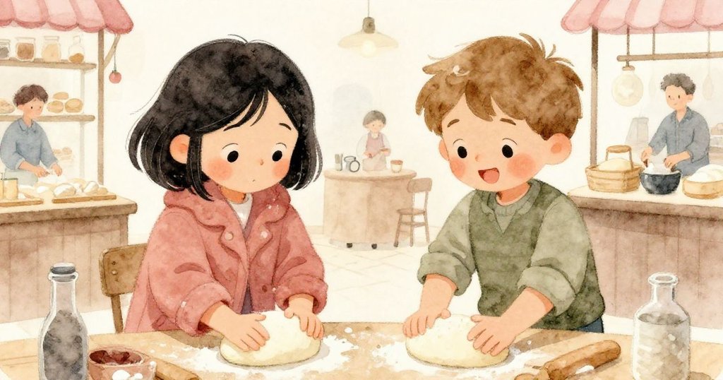 米拉與喬納斯一起揉麵團，臉上滿是專注與滿足，背景中的烤箱與市場攤位顯現出合作與希望。