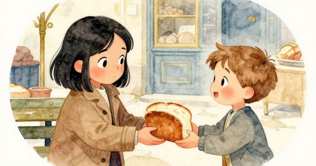 在古色古香市場中，米拉將新鮮麵包切片遞給喬納斯，兩人眼中滿是感激與溫情，呈現完美結局。