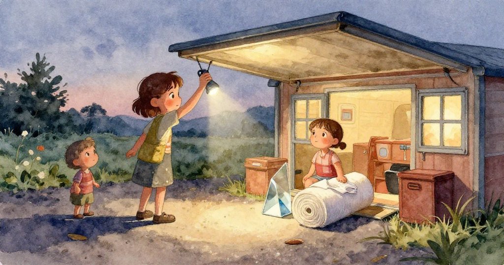 Kara擺放工具，手電筒、玻璃棱鏡和白布在老磚上散發著神秘光芒，細節豐滿充滿實驗精神。