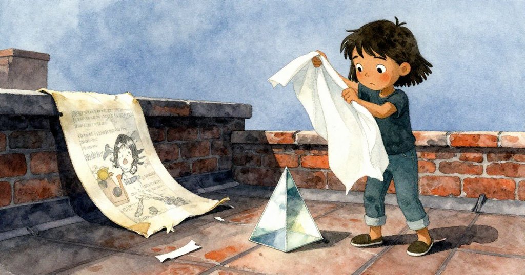 Kara忙於調整白布與棱鏡，背景風吹動破舊海報，掉落膠帶呈現豐富層次，神情專注充滿實驗動態。