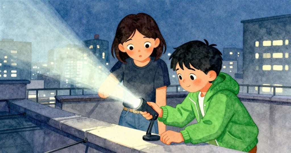 Kara與男孩共同調整實驗工具，男孩舉手機輔助光線，兩人神情驚喜默契，在屋頂上展開合作探索。