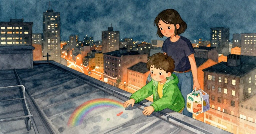 在夜幕降臨中，Kara與男孩收拾物品下屋頂，金屬通風口上的彩虹印記令人回味，溫柔夜色中充滿靜謐與懷舊。