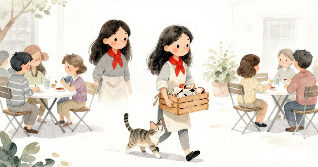 Naomi carrying a wooden crate in a sunlit courtyard filled with departing club members, with a playful striped cat nearby and a warm, lively atmosphere.