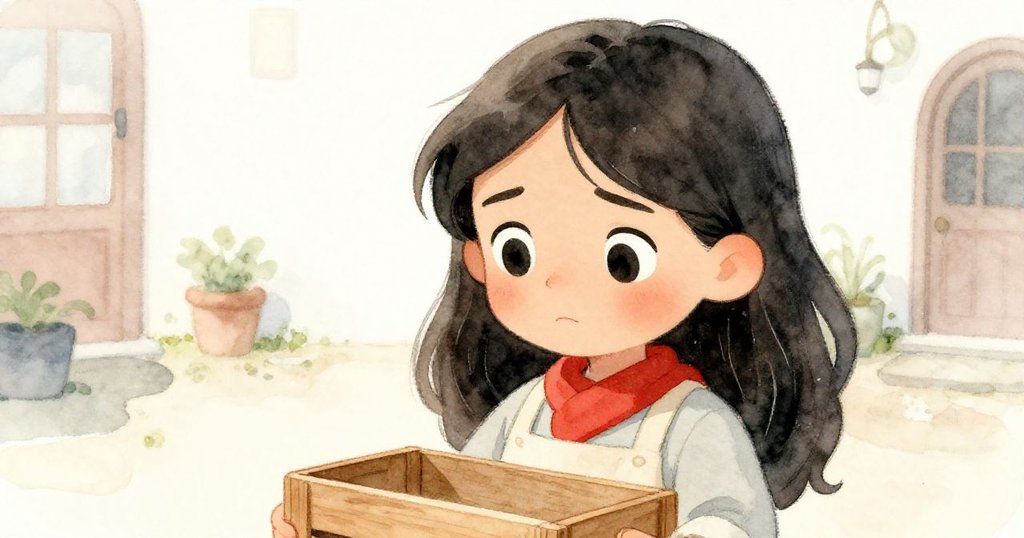 Naomi’s close-up shows her focused eyes as she grips a wooden crate in a sunlit courtyard, reflecting determination and mild worry.