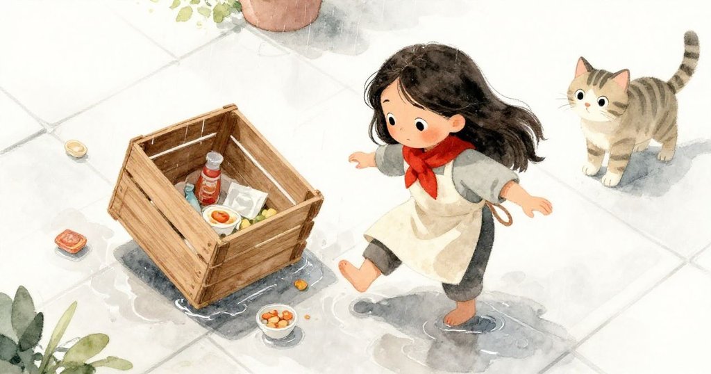 From a high angle, Naomi slips on wet tiles as her wooden crate tilts and food scatters, while the striped cat watches with a startled expression.