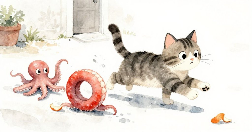 The striped cat dashes energetically after rolling octopus rings on a wet courtyard, displaying playful urgency and lively motion amid scattered treats.
