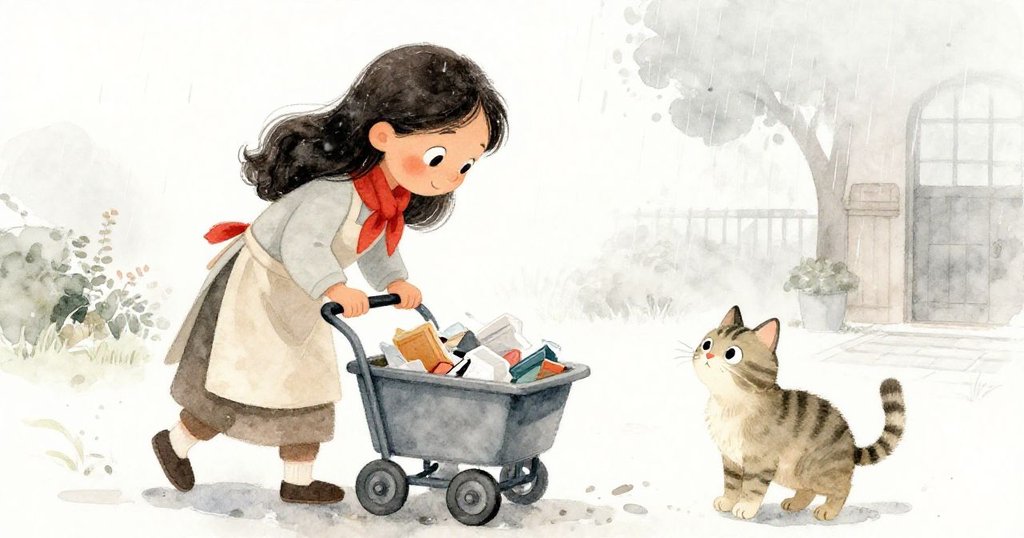 Naomi pushes an empty handcart to recollect scattered food scraps into a crate as the striped cat watches supportively, bringing order back to a damp courtyard.
