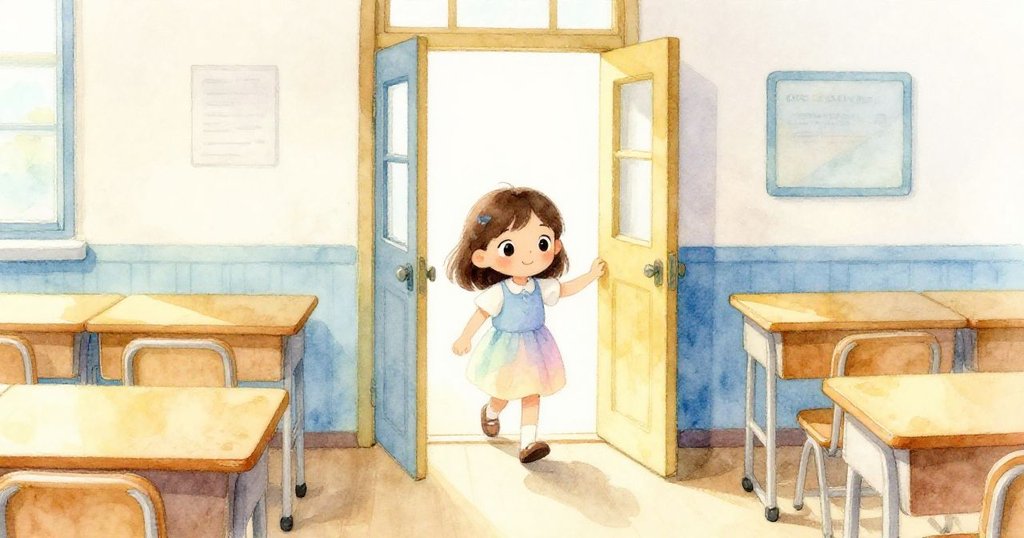 미나가 따스한 햇살 비치는 교실 문을 통해 들어서며, 그림 숙제를 위해 기대에 찬 표정으로 발걸음을 옮기는 장면입니다.