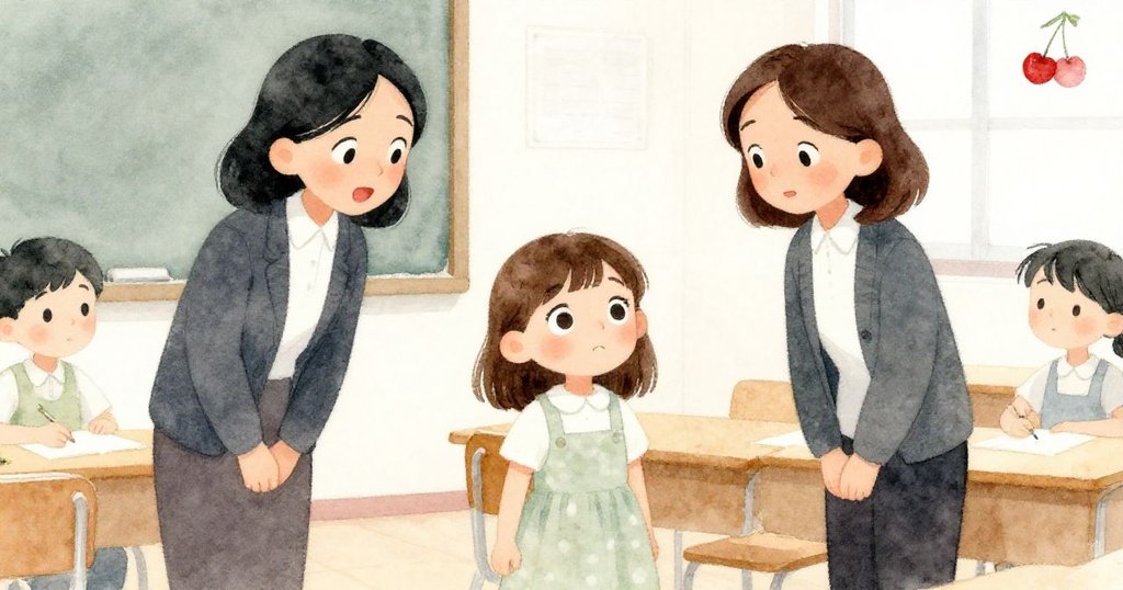교실 문을 열고 들어선 미술 선생님이 미나를 바라보며 놀람과 미소를 동시에 지으며, 예술적 감각을 칭찬하는 순간을 표현합니다.