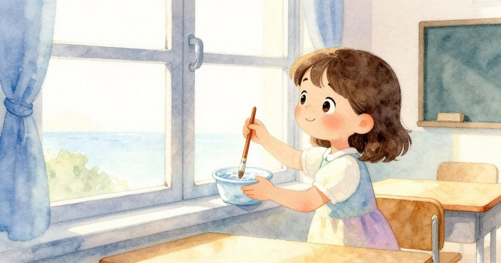 미나가 평화로운 교실에서 붓을 씻으며 창문을 닫고 하루를 마무리하는 장면으로, 차분한 미소와 따뜻한 분위기가 어우러집니다.