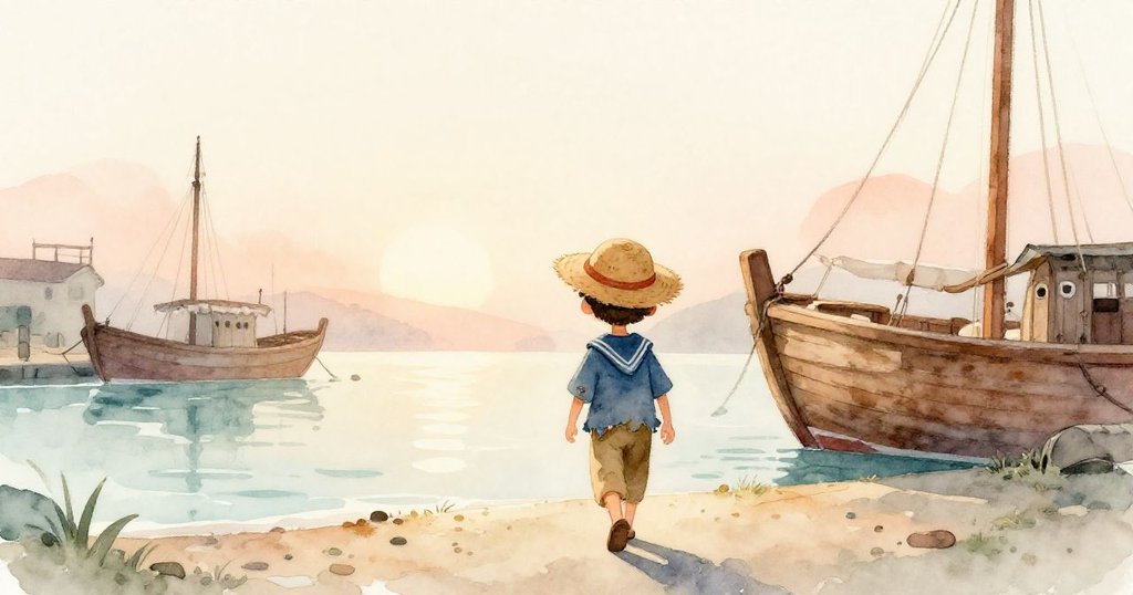 Leo走向小船，晨曦中港口景色迷人，呈現溫暖決心與希望的早晨。