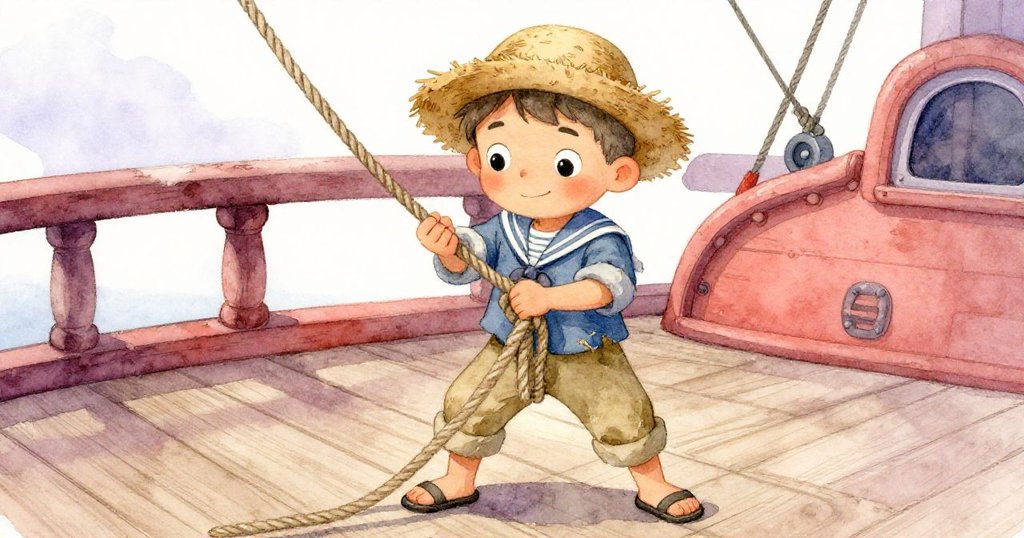 Leo在甲板上努力拉扯頑固繩結，腳步穩健且充滿專注，背景呈現柔和晨光木質細節。