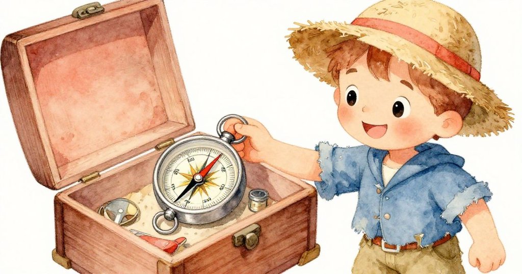 Leo彎腰從老木箱中撿起閃亮銀羅盤，細節豐富，小物散落中展露驚喜神情。