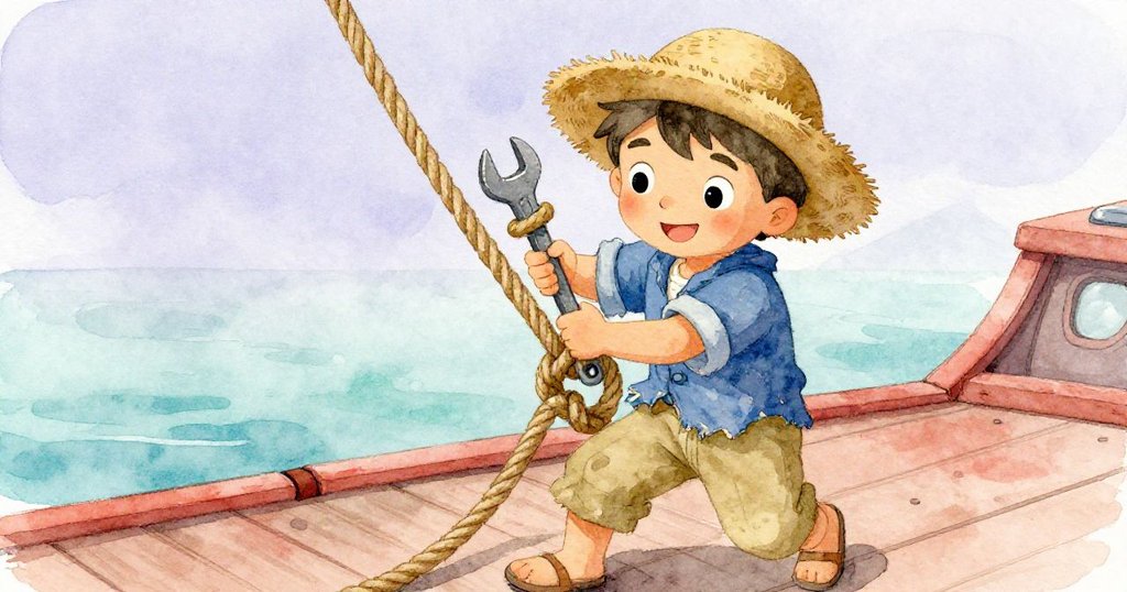 Leo全神貫注地用力拉扯與解開頑固繩結，臉部表情堅毅，工具與木甲板背景交織。