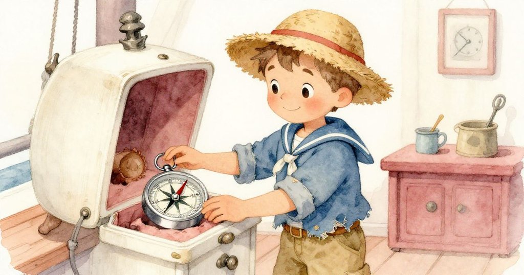 Leo滿意地微笑著在溫馨船艙中存放銀羅盤，眼神充滿希望與喜悅，完成修繕準備。