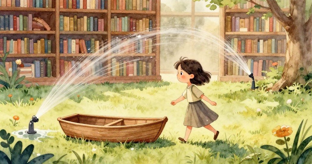 미라의 섬세한 손이 나무 보트를 균형 있게 잡으며 이슬 맺힌 잔디 위에 흩어진 다채로운 단추들을 모으는 모습을 세밀하게 보여준다.