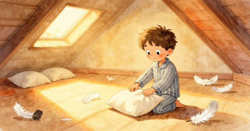 따스한 노을빛 아래에서 샘이 만족스러운 미소로 베개를 묶고 흩어진 깃털을 정리하며 하루의 모험을 평화롭게 마무리하는 장면입니다.