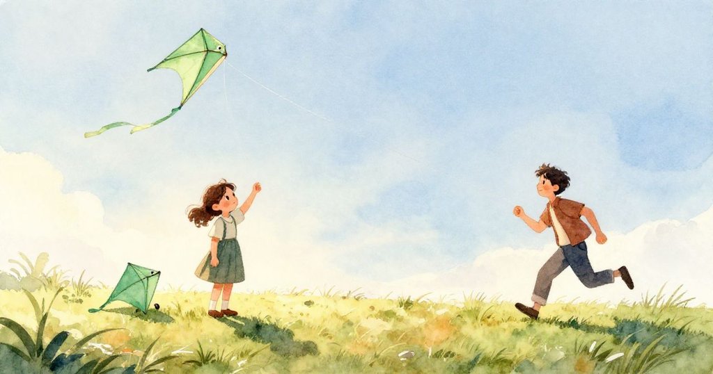 미아의 손이 서서히 들고 있는 녹색 연의 질감을 클로즈업으로 보여주며, 섬세한 바람에 연의 끈이 살랑거리는 따뜻한 순간입니다.