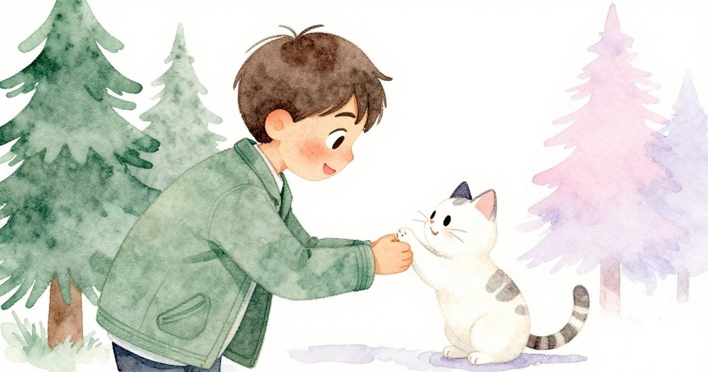 リーが微笑みながら子猫を見つめ、子猫が一方の足を上げ優しく瞬きする温かな対話の瞬間。