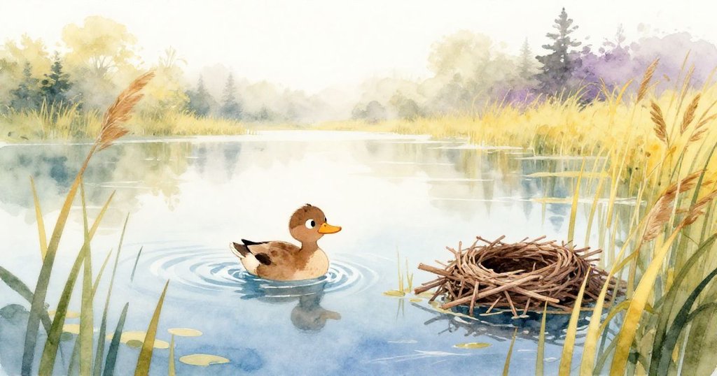 棕色鴨子在晨光中游向蘆葦叢中，探索隱藏的樹枝巢穴，表情充滿好奇與平靜，湖面散發柔和光線。