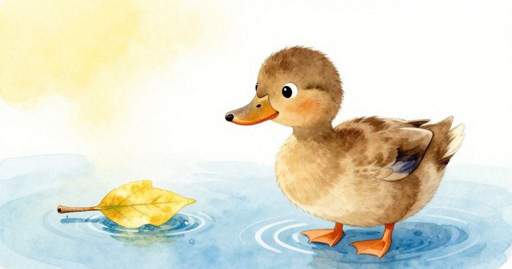 棕色鴨子伸長脖子追逐漂浮的黃色樹葉，專注且充滿憧憬，背景是平靜湖面和輕木棍，景象細膩溫馨。