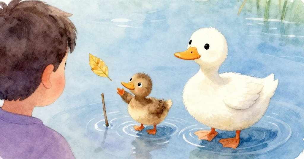 友善鴨子背影中展現棕色鴨子伸長頸脖追逐黃色樹葉，環境湖邊蘆葦搖曳，場景溫柔充滿互動情誼。