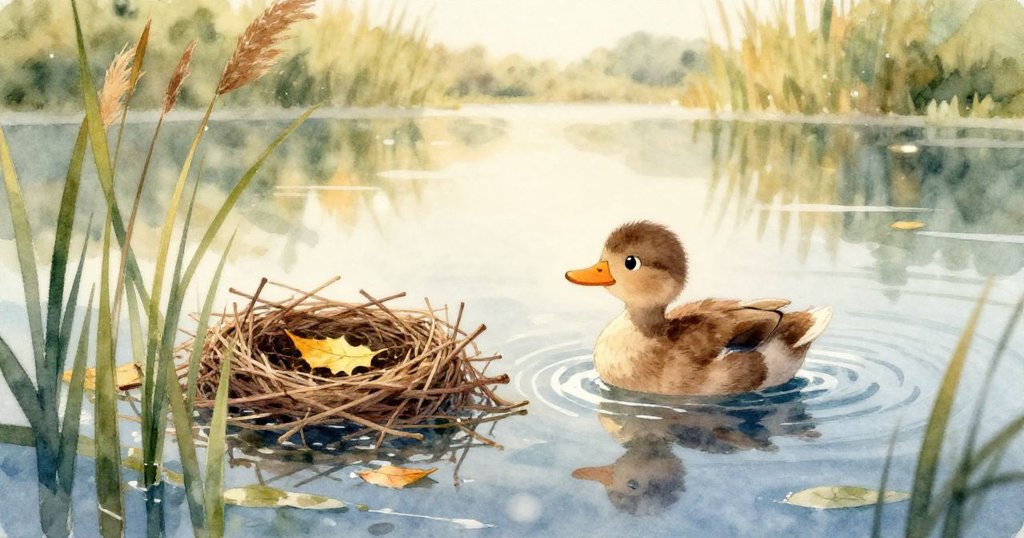 水下景觀中，木棍輕推一隻甲蟲從黃色樹葉上滑落，清澈水中激起細膩漣漪，動作瞬間驚訝而活潑。