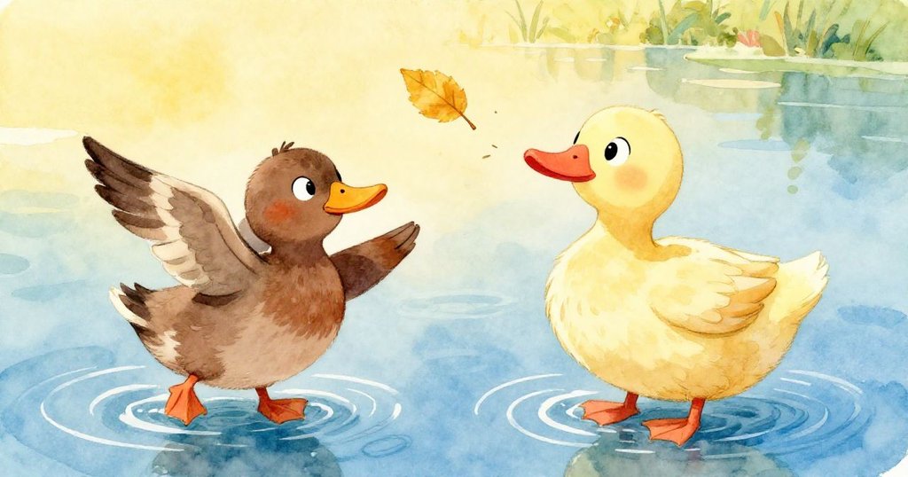 友善鴨子與棕色鴨子在湖中互動，友鴨甩動翅膀傳送黃色樹葉，雙鴨表情滿是歡樂和互助情誼。