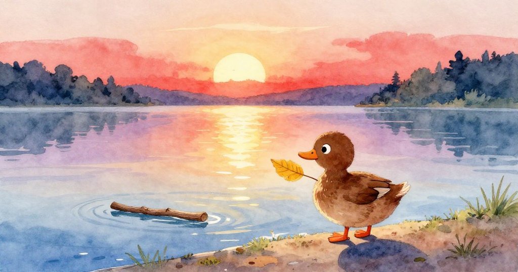 棕色鴨子在夕陽餘暉下划向岸邊，手握珍貴黃色樹葉，浮木靜靜漂浮，溫暖光線灑滿湖面，結局祥和。