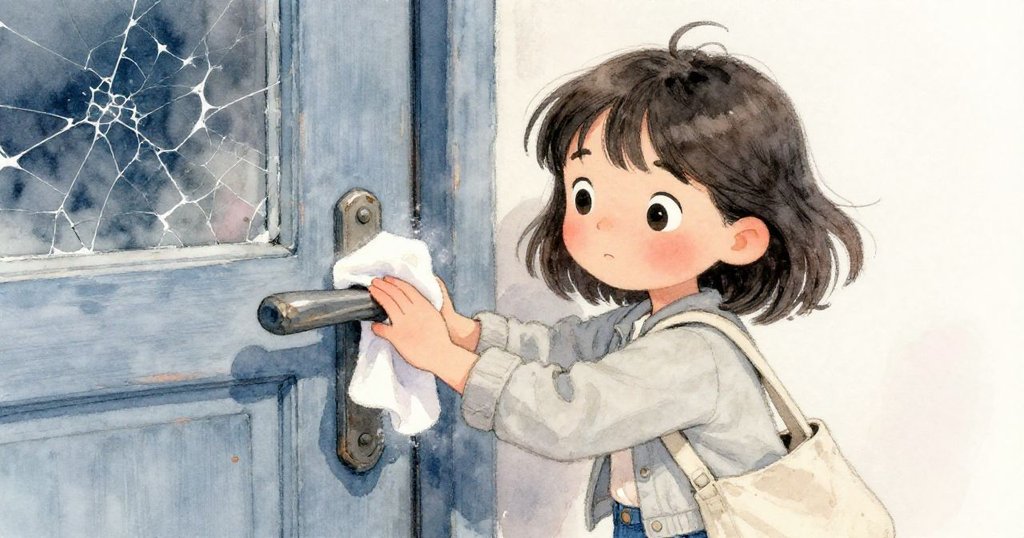 라일라의 손이 먼지가 쌓인 슬림한 측면 문 손잡이를 부드럽게 닦으며 신중하고 기대에 찬 모습이 세밀하게 표현되어 있다.