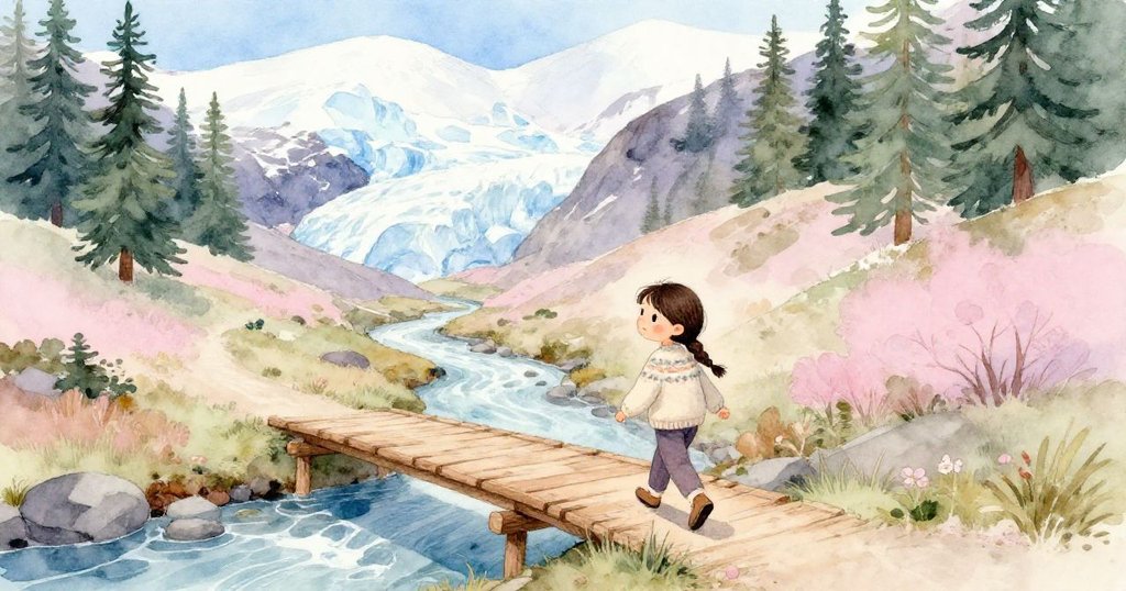 ミアが木製の橋を渡り、朝日の中で谷や氷河を背景に歩く様子を温かく描写、希望に満ちた表情
