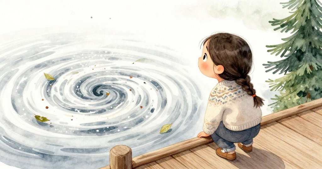 ミアが橋の手すりに寄りかかり、小さな渦巻きを静かに見つめる様子、変化を感じる自然の瞬間