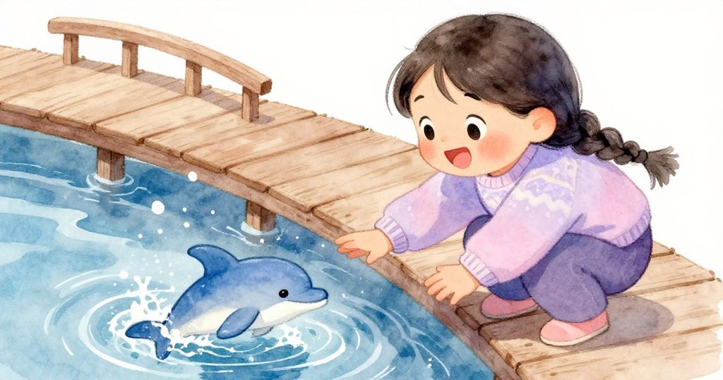 ミアが笑顔で水しぶきの中、プラスチックのイルカおもちゃを掴む瞬間を生き生きと描写、驚きと温かさが感じられる