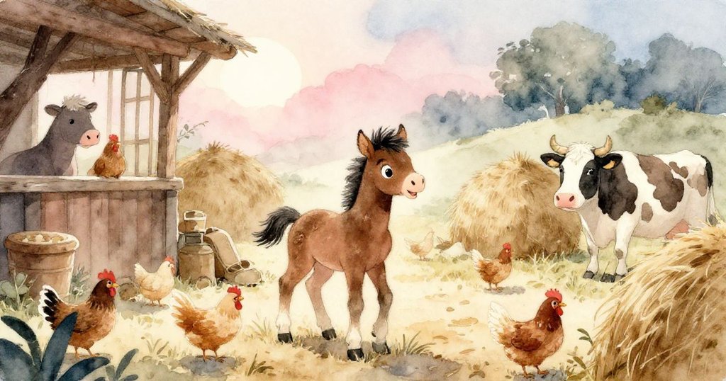 小馬在晨曦穀倉中甦醒,與眾多家畜活躍互動,充滿好奇與溫暖的農場早晨氛圍。