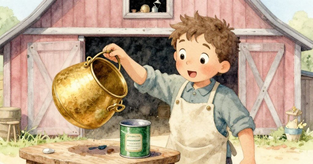 藝術家在穀倉外側驚異凝視傾斜的金色花罐,綠色漆罐輕觸地面,展現轉折象徵與溫暖鄉村情境。