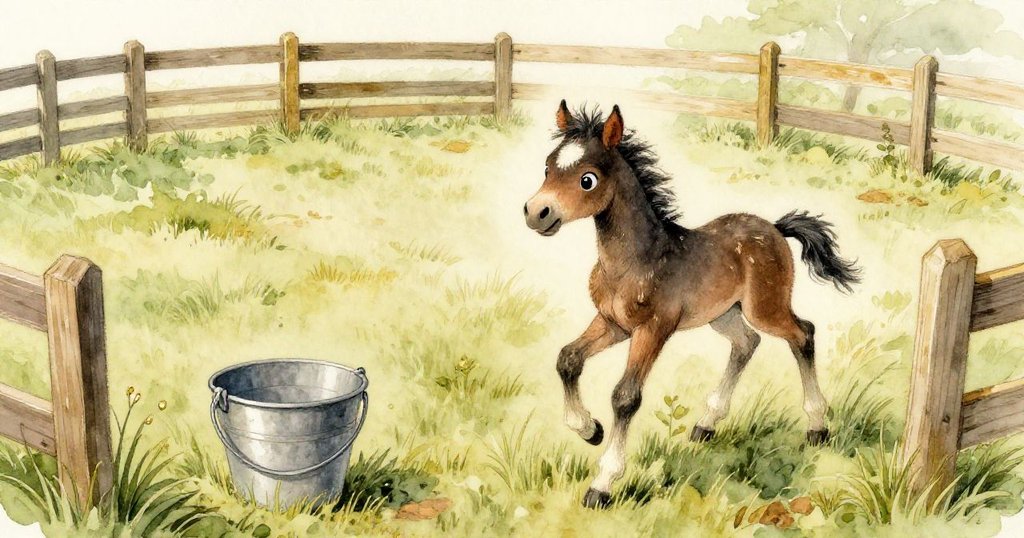 從高處俯瞰農場庭院,柵欄間露出空隙,小馬邁步踏入翠綠草地,散發自信與無限開放的晨光氣息。