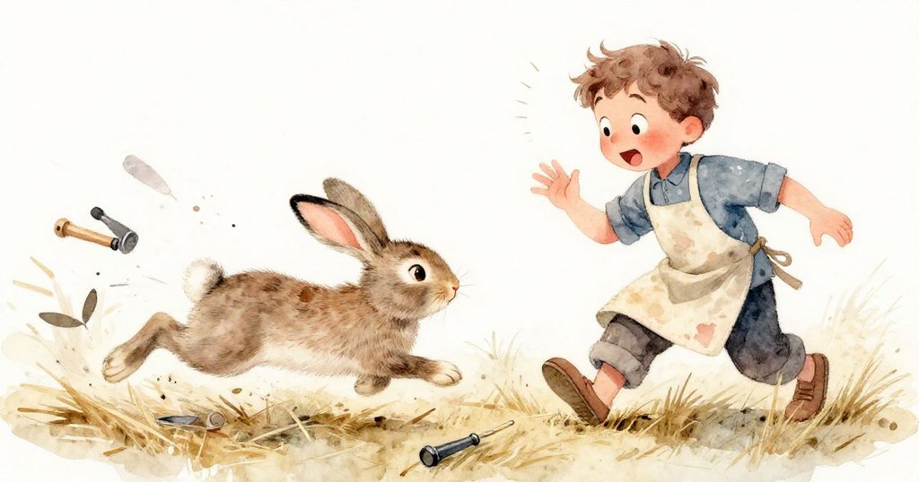 小兔在草堆中急奔,工具隨之飛散,藝術家驚慌出現,整個農場充滿活力與追逐動感。