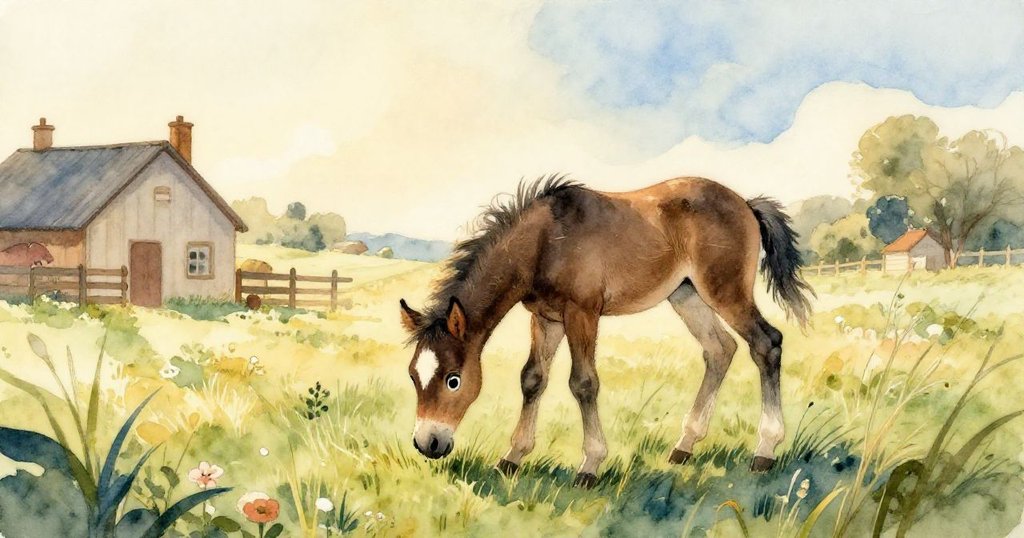 小馬在金色晨光中安靜咀嚼翠綠草,散發滿足與寧靜,農場環境溫暖收尾,呈現柔和結局。