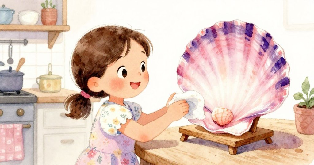 밀라가 부엌에서 나무 받침대를 닦으며 집중하는 얼굴과 바닥의 조개에 가벼운 손길을 주는 모습, 따뜻한 분위기.