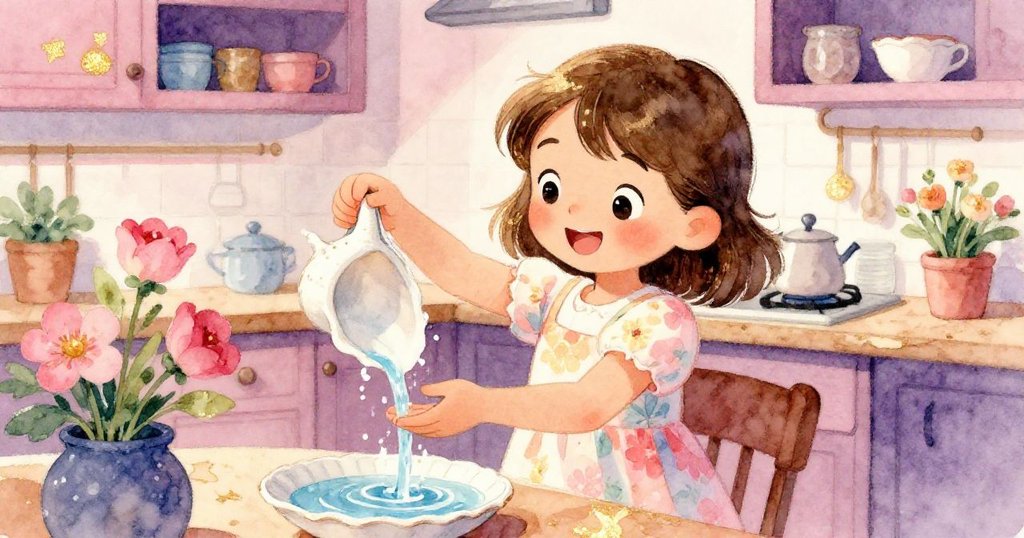 밀라가 부엌에서 환한 미소로 조개에 물을 담아 꽃 아래에 두는 모습, 정갈해진 테이블과 따뜻한 빛의 화면.