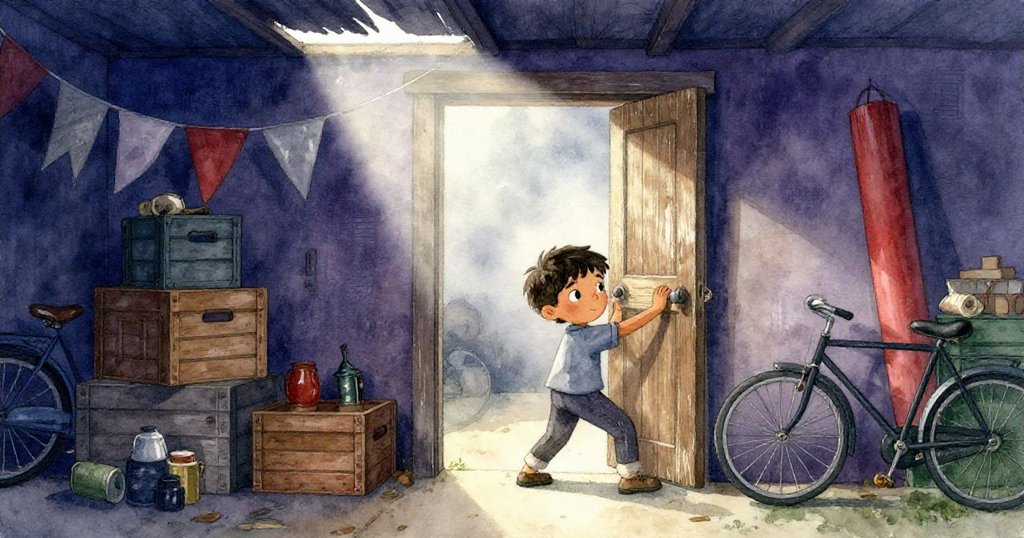 馬特奧推開扭曲的木門進入破舊庫房，霧氣輕拂穿透堆疊的雜物，他滿懷好奇開始探索新世界。