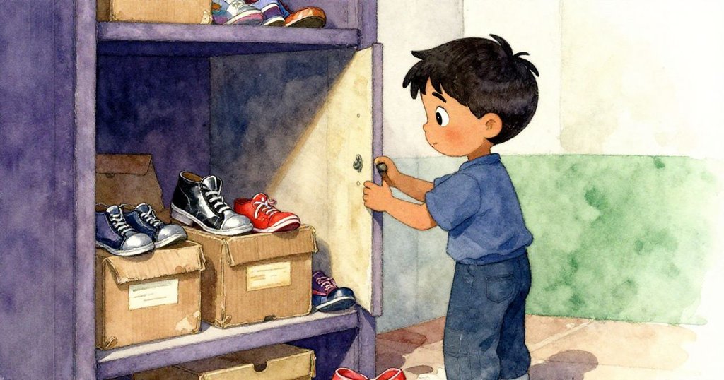 櫃內打開露出破舊紙箱與彩色小鞋，柔和陽光灑下塵埃飛舞，散發出令人懷念的童年氣息。