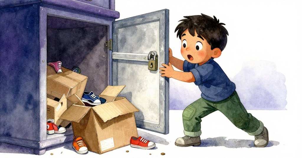 櫃鎖脫落引發紙箱崩塌，小鞋四散飛舞，馬特奧驚慌扶梯急忙穩住身軀，眼中滿是驚奇與挑戰。