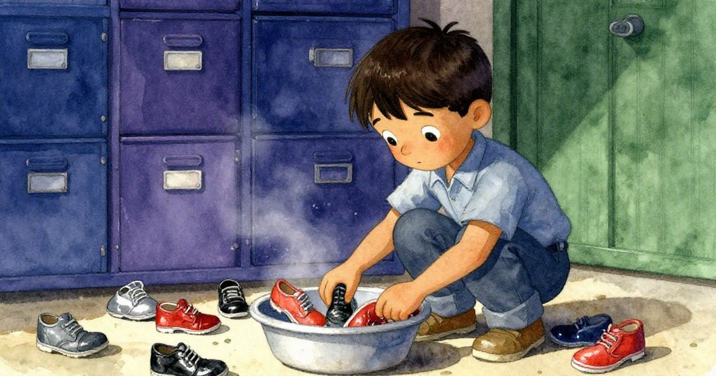 馬特奧蹲下細心收集散落的小鞋，光線柔和映出他溫柔的神情，彷彿喚起遺失已久的童年記憶。