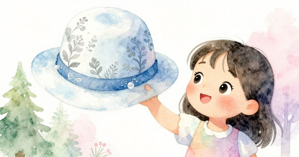 小女孩專注握著神秘帽子，手部特寫展現帽子精緻紋路與微風輕拂氛圍，充滿魔幻魅力。